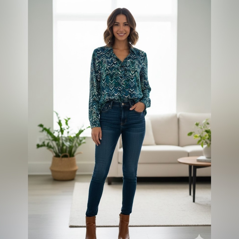 Valerie Stevens Blue Green Chevron Zigzag Button Down Blouse Shirt Long Sleeve